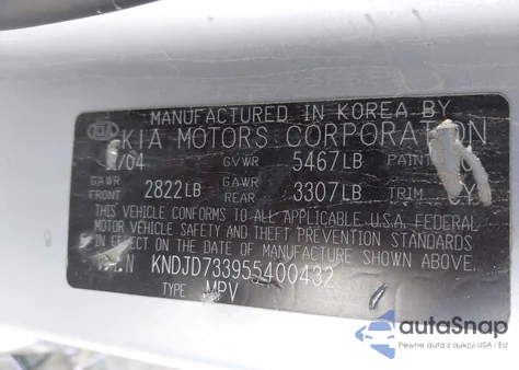 2005 Kia Sorento Ex/Lx from USA, damaged, VIN KNDJD733955400432